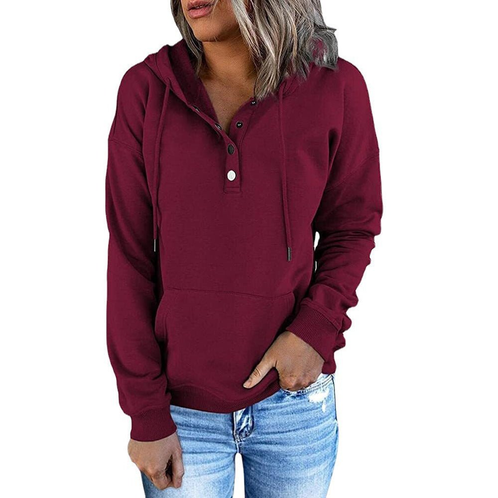 Long - sleeved Hooded Sweatshirt With Pocket, Buttons, and Drawstring Design Hoodie - silverfoxgoods